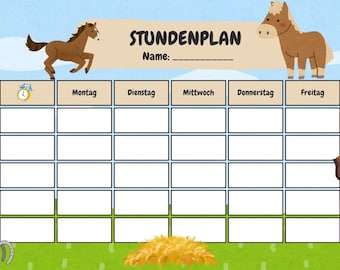 Girls' timetable with horses / riding equipment - school - template for printing - start of school - school enrollment - PDF - Download