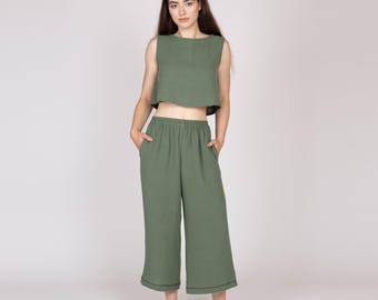 Belgian muslin women's set. 20 colors. All sizes. -  Moss cotton set for women. Muslin pants and top. Vacation muslin set. Summer sets girl.