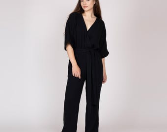 Belgian muslin women's jumpsuit. 20 colors. All sizes. - Black cotton jumpsuits. Muslin overall. Loose women romper. Gauze cotton jumpsuit.