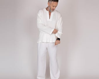 Belgian muslin men's set. 20 colors. All sizes. - Muslin cotton shirt and pants. Cotton long sleeve top and trousers.  Gauze cotton set man.