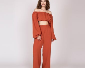 Belgian muslin women's set. 20 colors. All sizes. -  Terracotta sets. Elegant muslin pants and top. Vacation cotton set. Go out sets girl.