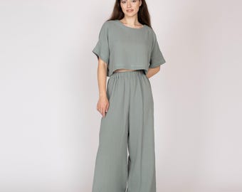 Belgian muslin women's set. 20 colors. All sizes. -  Silver cotton sets. Summer muslin wide pants and top. Vacation natural cotton set.