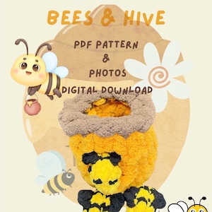 May include: A digital download pattern for an interactive finger knitting project featuring a beehive and bees. The pattern includes photos and instructions for creating a cute beehive and bees. The skill level is intermediate.