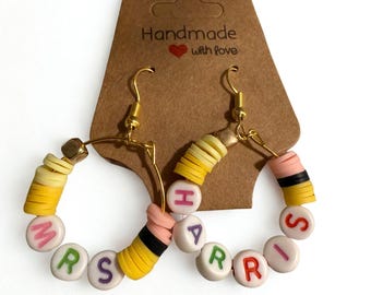 Custom Hoop Earrings With Personalized Teacher Name, Customized Teacher Earrings, Hoop Pencil Earrings, Cute Teacher Earrings, Personalized