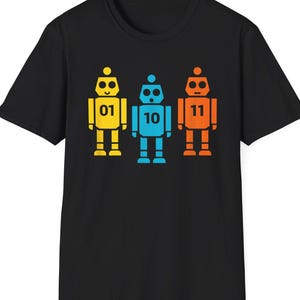 01 10 11 Binary Robots T-Shirt - Retro Colorful Tech Graphic Tee - Fun Programmer and Geek Apparel for Men and Women