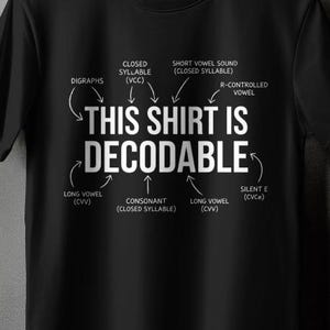 Op de afbeelding: Een zwart t-shirt met korte mouwen en de witte tekst THIS SHIRT IS DECODABLE. Het ontwerp bevat pijlen die naar de tekst wijzen met de labels: Digraphs, Closed Syllable (VCC), Short Vowel Sound, R-Controlled Vowel, Long Vowel (CVV), Consonant en Silent E.