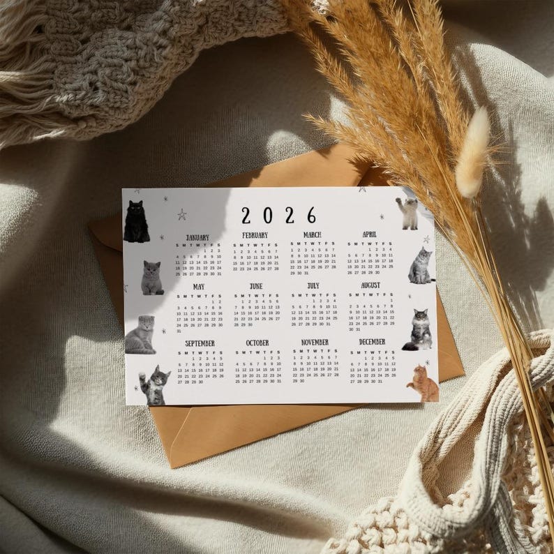 Calendario de gatos 2026 imprimible en PDF / Planificador mensual con ...