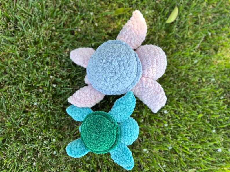 May include: Two crocheted turtle toys. The larger turtle is light blue and pink, while the smaller turtle is green and blue.