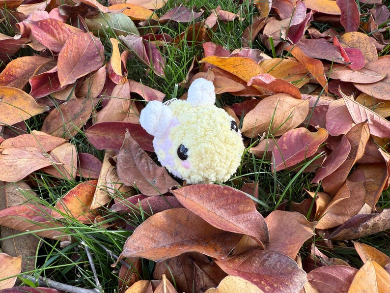 May include: A handmade, yellow and white plush bee keyring with black eyes and pink cheeks. The bee is surrounded by fallen autumn leaves in shades of red, brown, and orange, with patches of green grass.