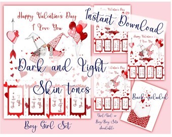 Valentine's Day Printable Coupons, Watercolor Gnomes, Boy/Girl set