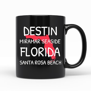 Destin Miramar Seaside Santa Rosa Beach Florida, Black Ceramic Coffee Mug, Florida Gulf Coast Gift, Christmas Stocking Stuffer, Holiday