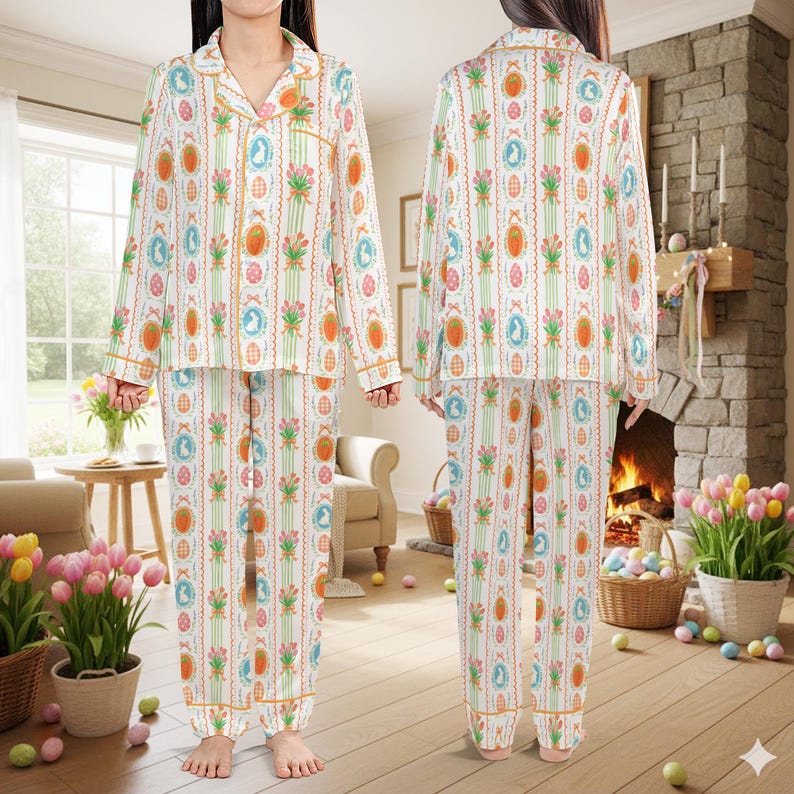Coquette påskharepyjamas, söt kaninäggmorot påskpyjamaset, pastellfärgade vårsovkläder, påskpyjamaset för kvinnor kort eller lång bild 2