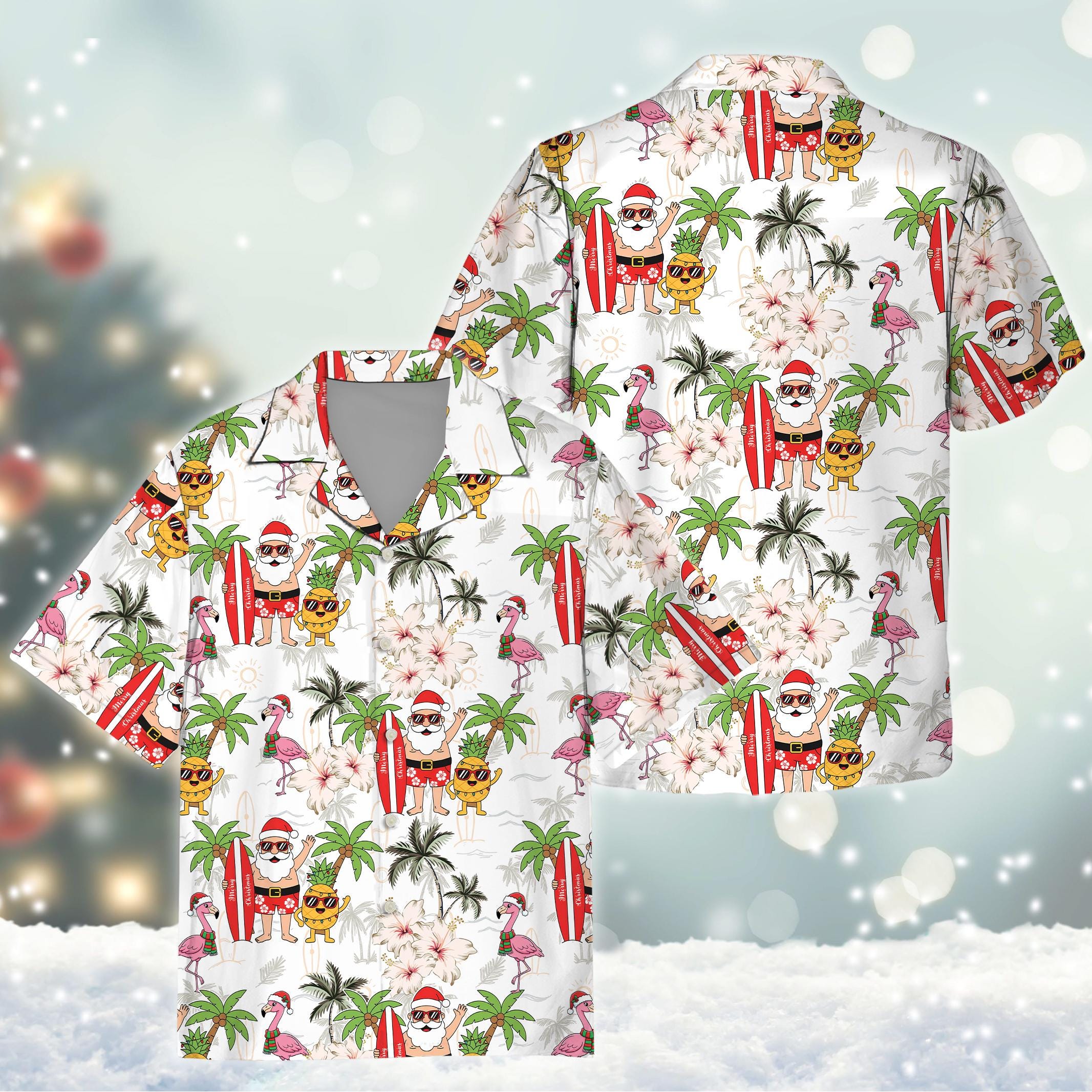 Discover Hawaiian Santa Christmas Shirt, Surfing Santa Beach Holiday Button Up, Aloha Christmas Vacation Shirt