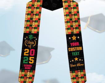Custom African Graduation Stole, Personalized Black & Educated Kente Pattern Stole, Class Of 2025 Graduate Gift