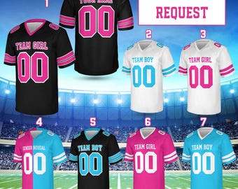 Gepersonaliseerde gender-onthullende voetbaltrui, aangepaste naamnummer bijpassende teamvoetbaltrui, teamjongen, teammeisje, jersey met korte mouwen en v-hals