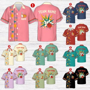 May include: A selection of bowling shirts in different colours, each with a bowling pin and ball design. The shirts have short sleeves and a collared neckline. Some shirts have the text "TEAM NAME" on the back and "NAME" on the front.