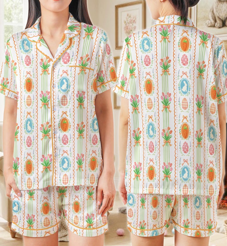 Coquette påskharepyjamas, söt kaninäggmorot påskpyjamaset, pastellfärgade vårsovkläder, påskpyjamaset för kvinnor kort eller lång bild 1