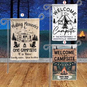 Bandera retro personalizada para tienda de campaña, autocaravana, camping, bienvenida personalizada a nuestro camping, bandera para campistas felices, regalo de despedida de soltera