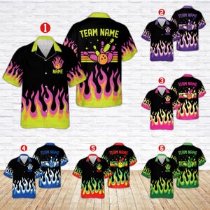May include: Six different designs of bowling themed Hawaiian shirts. Each shirt features a black background with flames in various colors, a bowling pin and ball graphic, and the text "TEAM NAME".