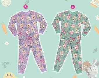 Cute Floral Easter Eggs Pajamas Set, Retro Pastel Easter Long Sleeve Two Piece Pajama, Cottage core Family Pastel Easter Gift Loungewear Set