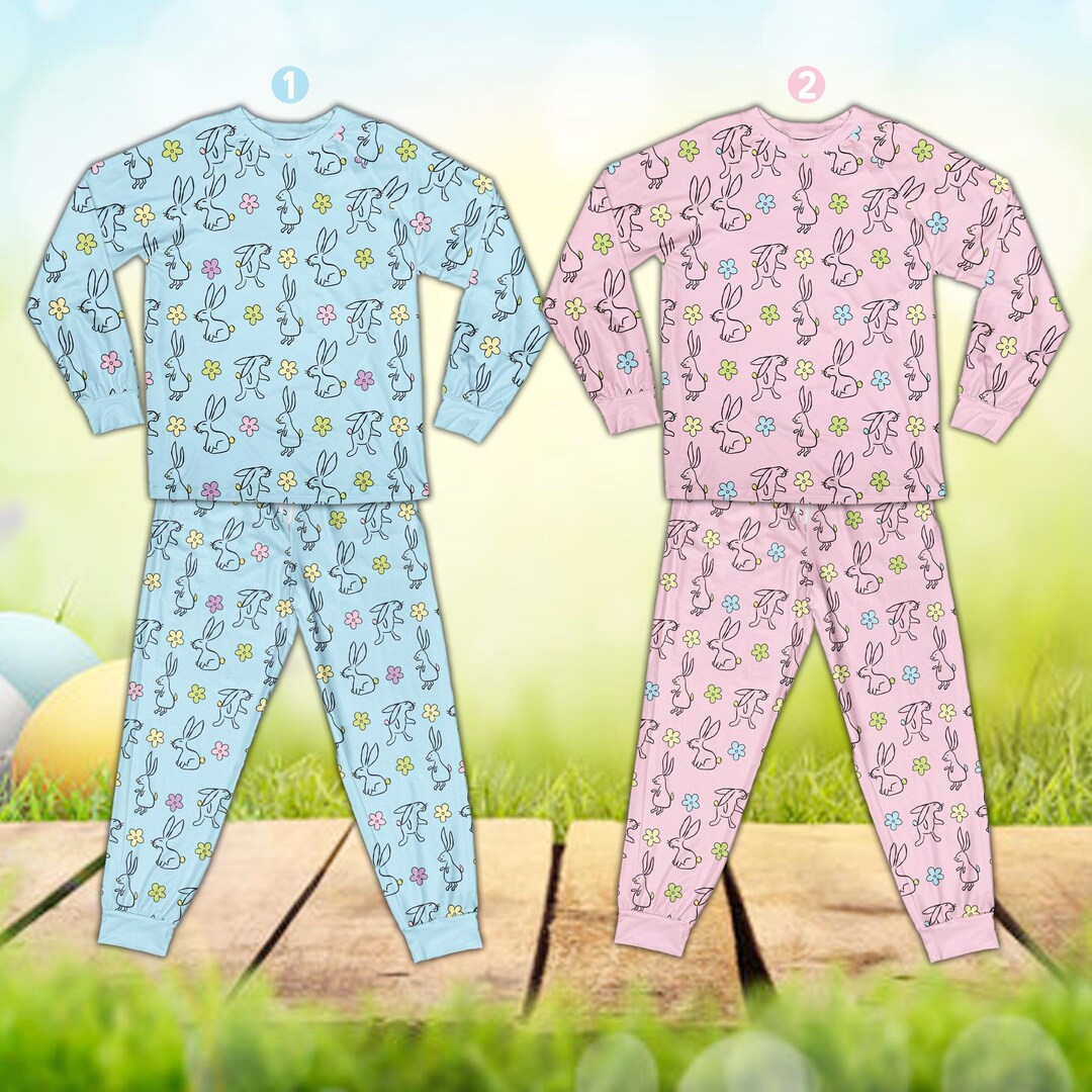 Retro Bunny Easter Pajamas Set, Rabbit Easter Long Sleeve Two Piece ...