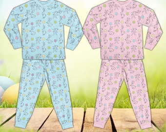 Retro Bunny Easter Pajamas Set, Rabbit Easter Long Sleeve Two Piece Pajama, Matching Family Easter Loungewear Set