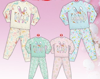 Personalized Bunny Easter Pajamas Set, Custom Name Rabbit Easter Long Sleeve Two Piece Pajama, Matching Family Easter Loungewear Set
