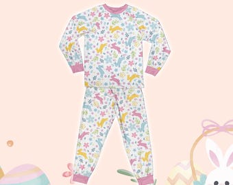 Floral Bunny Easter Eggs Pajamas Set, Cottage core Easter Long Sleeve Two Piece Pajama, Family Matching Easter Gift, Easter Loungewear Set