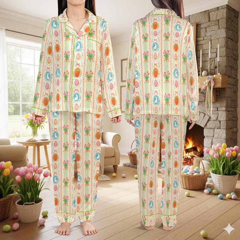 Coquette påskharepyjamas, söt kaninäggmorot påskpyjamaset, pastellfärgade vårsovkläder, påskpyjamaset för kvinnor kort eller lång bild 10