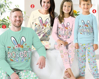 Conjunto de pijama de Pascua personalizado con forma de conejito familiar, pijama de dos piezas de manga larga con nombre personalizado de conejo de Pascua, regalo de Pascua a juego, pijama de búsqueda de huevos