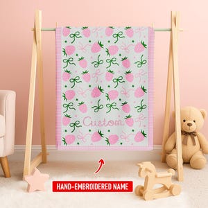 Cute Coquette Strawberry Baby Blanket, Custom Name Berry Sweet Baby Shower Gift, Strawberry Ribbon Newborn Blanket, Girlie Knit Blanket