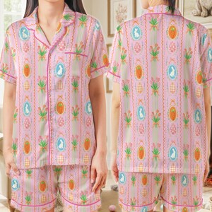 Coquette påskharepyjamas, söt kaninäggmorot påskpyjamaset, pastellfärgade vårsovkläder, påskpyjamaset för kvinnor kort eller lång bild 7