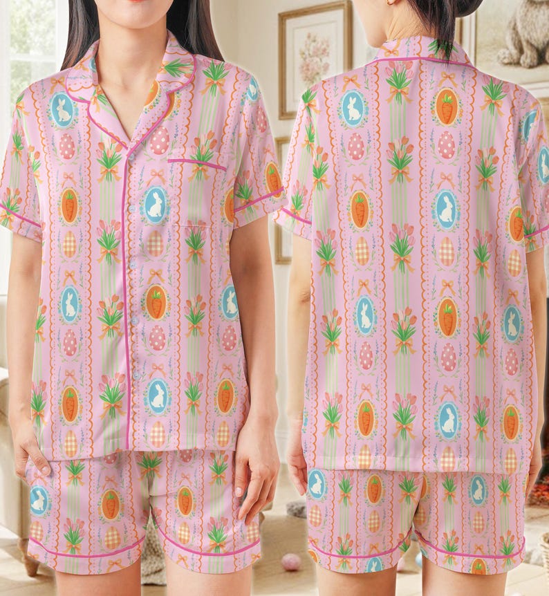Coquette påskharepyjamas, söt kaninäggmorot påskpyjamaset, pastellfärgade vårsovkläder, påskpyjamaset för kvinnor kort eller lång bild 7