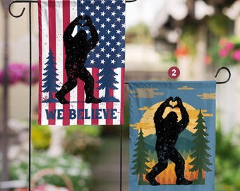 Funny Bigfoot Garden Flag, We Believe US Flag, Retro Garden Flag Sasquatch Lover, Bigfoot Camping Flag