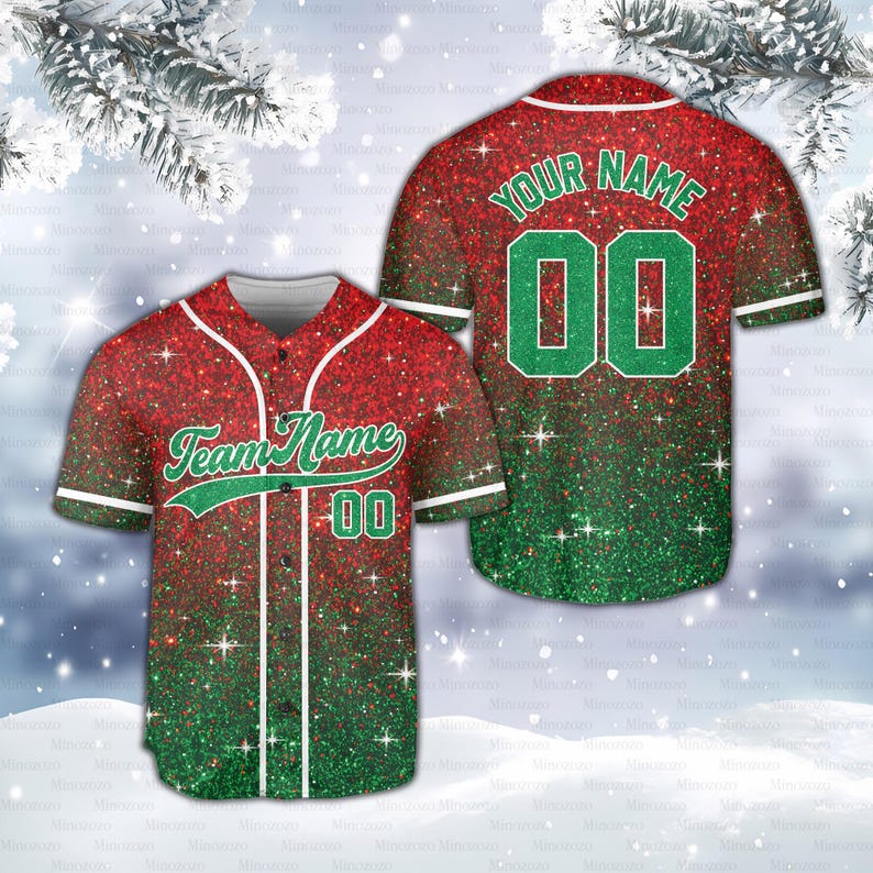 Custom Faux Glitter Christmas Baseball Jersey, Personalized Name Number