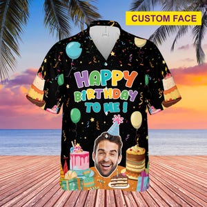 May include: A black button-up shirt with a colorful birthday theme. The shirt features a custom face, balloons, confetti, and cake designs. The text "Happy Birthday To Me!" is printed on the shirt.