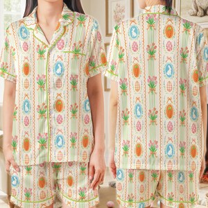 Coquette påskharepyjamas, söt kaninäggmorot påskpyjamaset, pastellfärgade vårsovkläder, påskpyjamaset för kvinnor kort eller lång bild 9