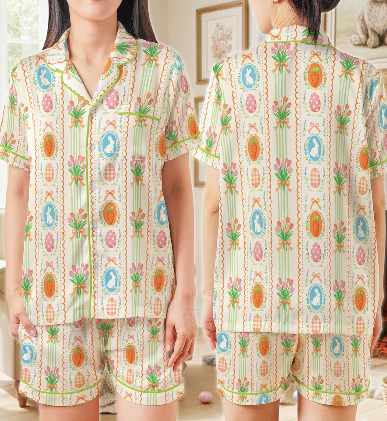 Coquette påskharepyjamas, söt kaninäggmorot påskpyjamaset, pastellfärgade vårsovkläder, påskpyjamaset för kvinnor kort eller lång bild 9