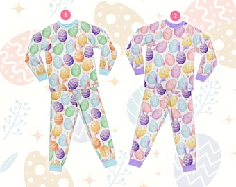 Cute Easter Eggs Pajamas Set, Retro Pastel Easter Long Sleeve Two Piece Pajama, Family Pastel Easter Gift Loungewear Set