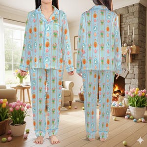 Coquette påskharepyjamas, söt kaninäggmorot påskpyjamaset, pastellfärgade vårsovkläder, påskpyjamaset för kvinnor kort eller lång bild 6