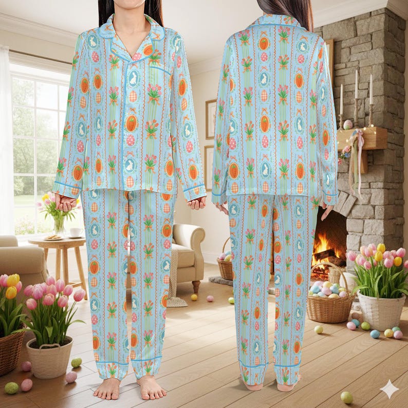 Coquette påskharepyjamas, söt kaninäggmorot påskpyjamaset, pastellfärgade vårsovkläder, påskpyjamaset för kvinnor kort eller lång bild 6