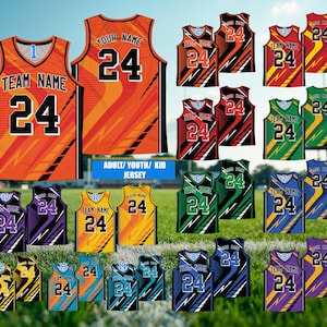 Pode incluir: Uma coleção de 12 camisolas de basquete com diferentes combinações de cores. As camisolas têm um design de raio preto e branco com o número 24 na frente. As camisolas estão disponíveis em tamanhos para adultos e crianças.