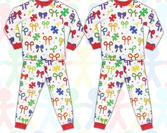 Autism Awareness Pajamas Set, Retro Coquette Puzzle Long Sleeve Two Piece Pajama, Cute Autism Support Neurodiversity Loungewear Set