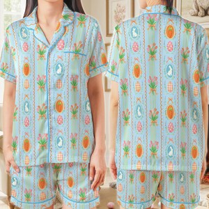 Coquette påskharepyjamas, söt kaninäggmorot påskpyjamaset, pastellfärgade vårsovkläder, påskpyjamaset för kvinnor kort eller lång bild 5