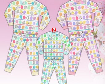 Easter Eggs Pajamas Set, Easter Chick Long Sleeve Two Piece Pajama, Matching Family Easter Loungewear Set, Cute Easter Gift