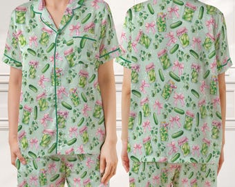 Rolig satinpyjamas med pickleälskare, kokett rosett för pickleflicka, söta flickpyjamas, pickleälskare för sociala klubbar