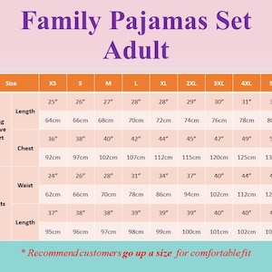 May include: Size chart for adult family pajamas, showing measurements in inches and centimeters for long-sleeve shirts and pants. Sizes range from XS to 5XL.