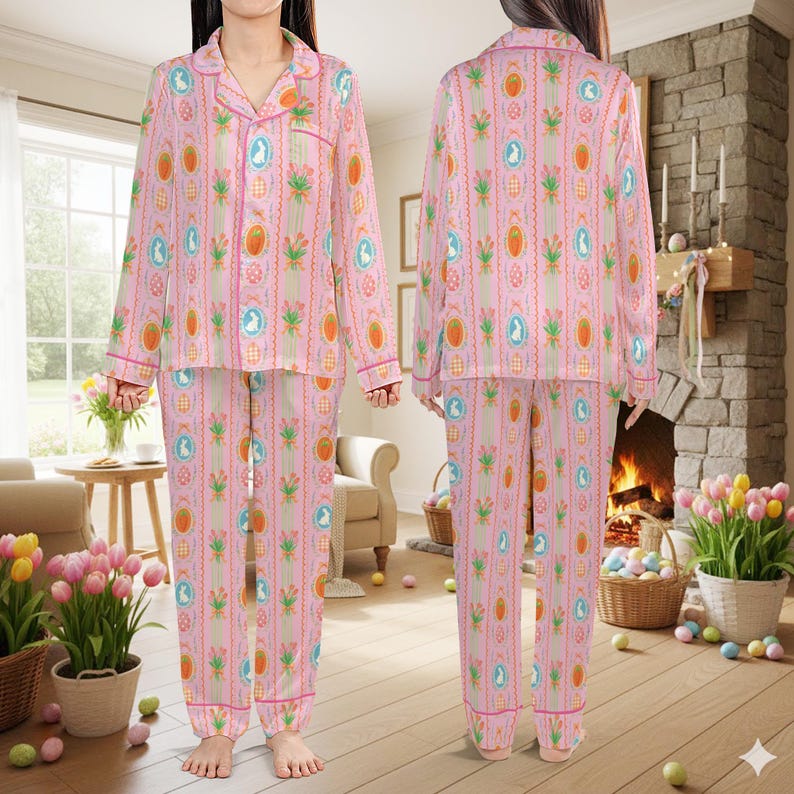 Coquette påskharepyjamas, söt kaninäggmorot påskpyjamaset, pastellfärgade vårsovkläder, påskpyjamaset för kvinnor kort eller lång bild 8