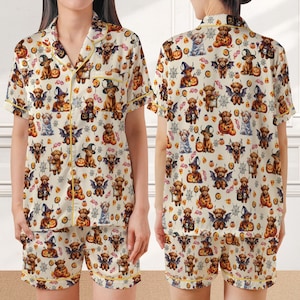 Highland Kuh Satin Pyjamas, süße Kuh Halloween PJs, Highland Kuh Liebhaber Pyjamas, Moo I Mean Boo Geschenk, Herbst Kürbis Kuh Boo Geist Pyjamas