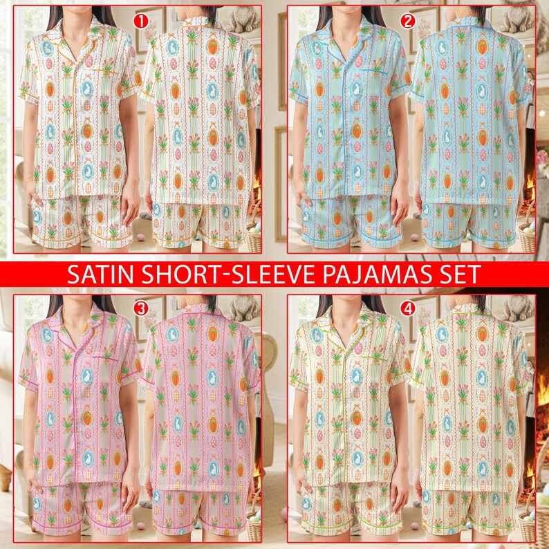 Coquette påskharepyjamas, söt kaninäggmorot påskpyjamaset, pastellfärgade vårsovkläder, påskpyjamaset för kvinnor kort eller lång bild 3
